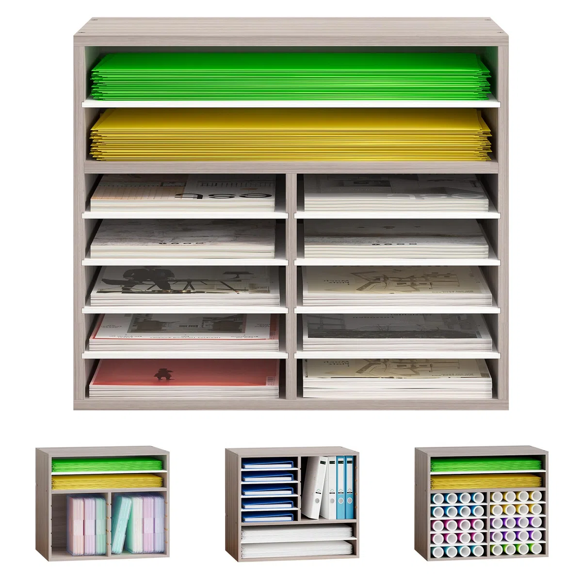 Alpeir Organizador de almacenamiento de papel de escritorio, 12 ranuras para papel A4 y A3 y papel de álbumes de recortes, organizadores de manualidades de madera Cricut y almacenamiento con